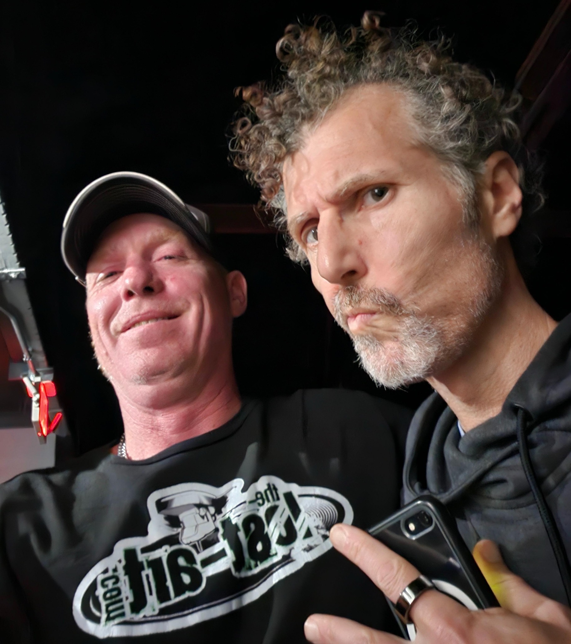 DJ Natural Nate® and a friend in The-Lost-Art™ shirt, close-up selfie in the studio